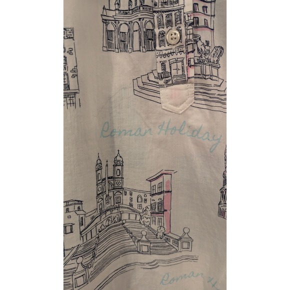Talbots XL Roman Holiday Popover Blouse Rome Italy Print Side Buttons Top - Picture 3 of 8